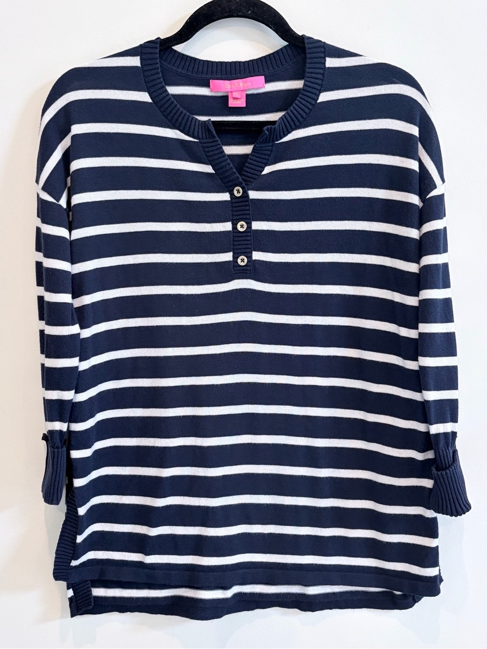 LILLY PULITZER Faraway Navy Blue Striped 3/4 Tunic Sweater Womens XSmall EUC